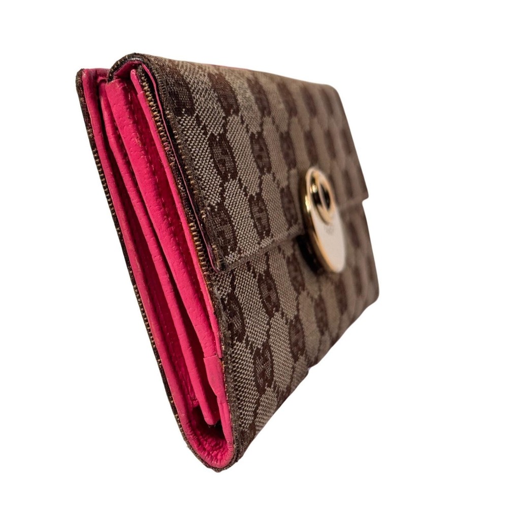 Gucci Eclipse long wallet tri fold w/ gold snap close brown canvas & pinkleather - Picture 8 of 14